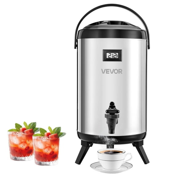 VEVOR Insulated Beverage Dispenser, 2 Gal/7.6L Stainless Steel Thermal Drink Server with Spigot & Temp Display, Suitable for Hot and Cold Drinks, for Tea Coffee Water in Cafes & Restaurants, Silver