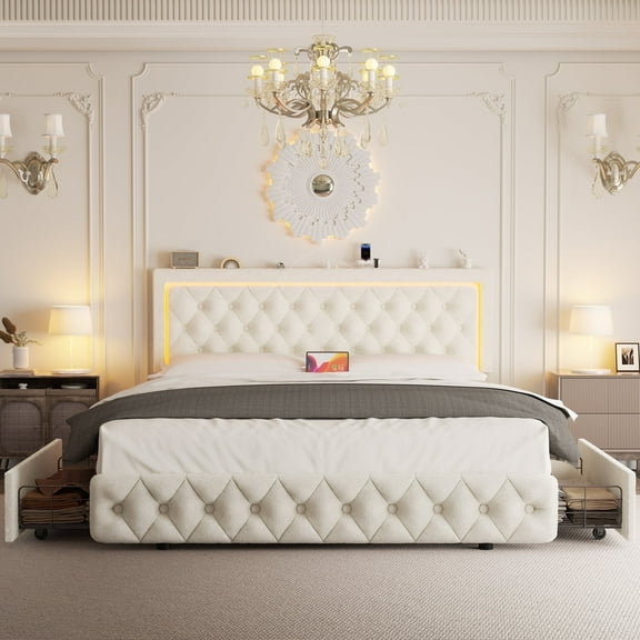 Queen Bed Frame with 4 Storage Drawers, Upholstered Platform Bed Frame with Type-C & USB Ports, Adjustable Button Tufted Headboard, Mattress Foundation with Slats Support, No Box Spring Needed, Beige