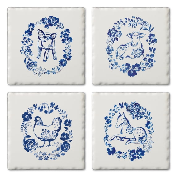 Thirstystone Blue Painted Farm 4-Pack Assorted Tumbled Tile Coasters