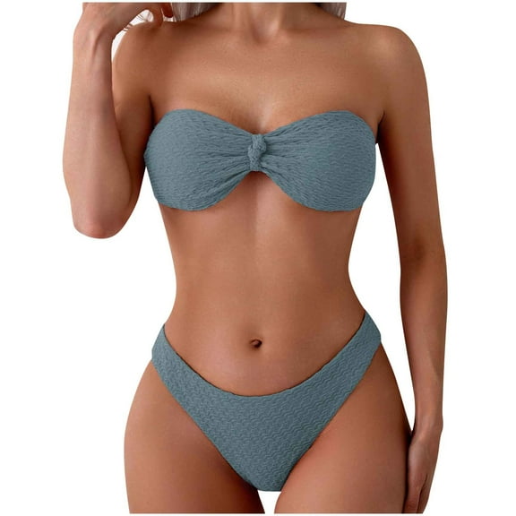 Arnsht Women's Strapless Bikini Openwork Textured Bow Ruched Lace Up High Cut Bandeau Swimsuit Comfortable Breathable Solid Bathing Suits Gray M