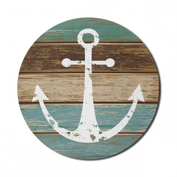 Anchor Mouse Pad for Computers, Grunge Style Marine on Digitally Generated Horizontal Wooden Planks Image, Round Non-Slip Thick Rubber Modern Gaming Mousepad, 8" Round, Multicolor, by Ambesonne