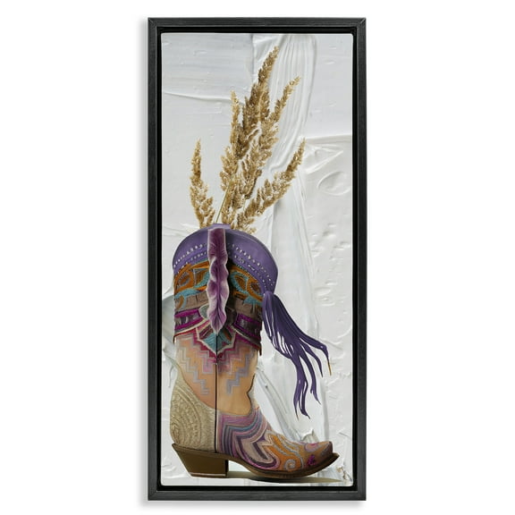 Stupell Industries Cowboy Boot & Wheat Botanical & Floral Painting Black Floater Framed Canvas Art Print Wall Art, 11 x 25