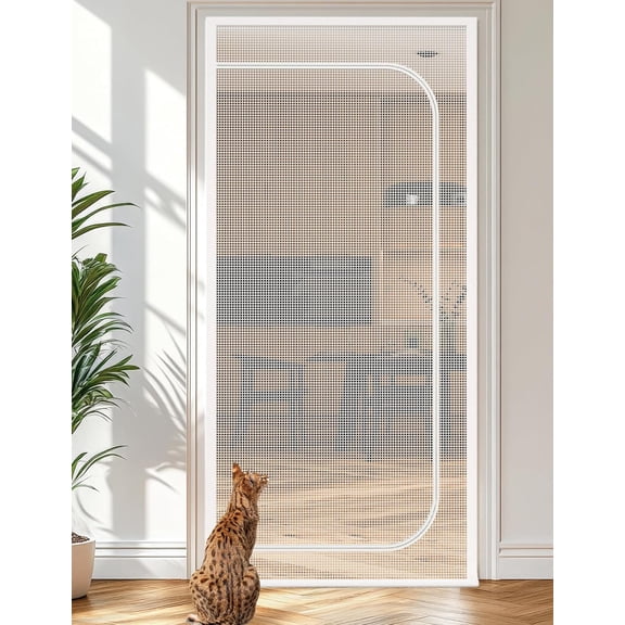 Cat Screen Door, Extra Tall Cat-Proof Mesh Gate, Fit Door Size 32'' x 80'', Anti-Cat Scratch Mesh with Zipper Closure, for Living Room, Kitchen, Bedroom (White)