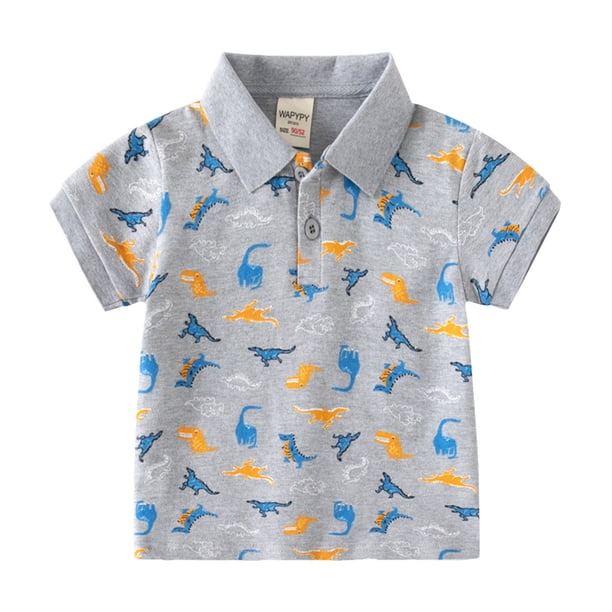 Gibobby Blusas Elegantes Camisa para niños pequeños con estampado de dinosaurio de dibujos animados, chaquetón de manga corta con botones, camisa para niños y niñas(Gris, 18-24 Meses)