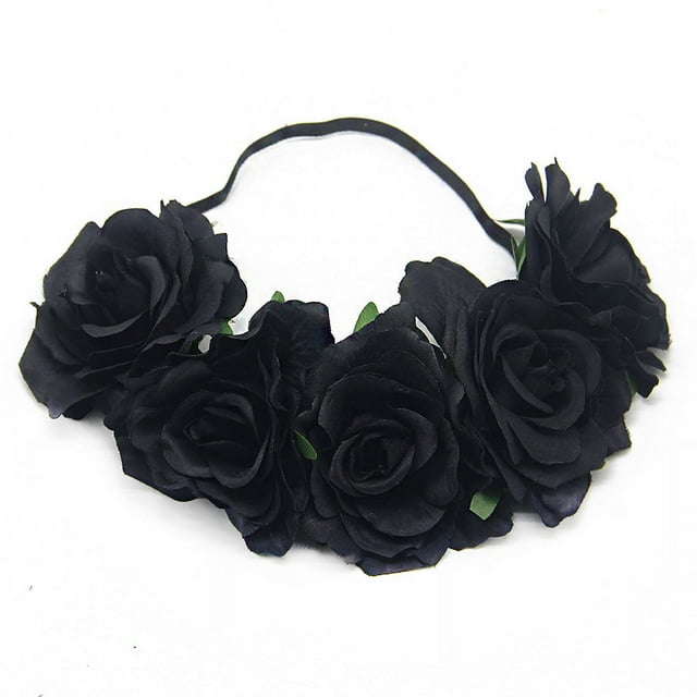 Nvzi Corona de flores de rosas para bodas, diadema para el cabello, tocado para bodas (negro)