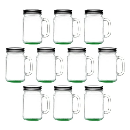 10 Libbey Handle Mason Jars with Lids Set, 16 oz. - Traditional style, Drinking, Glassware - Green