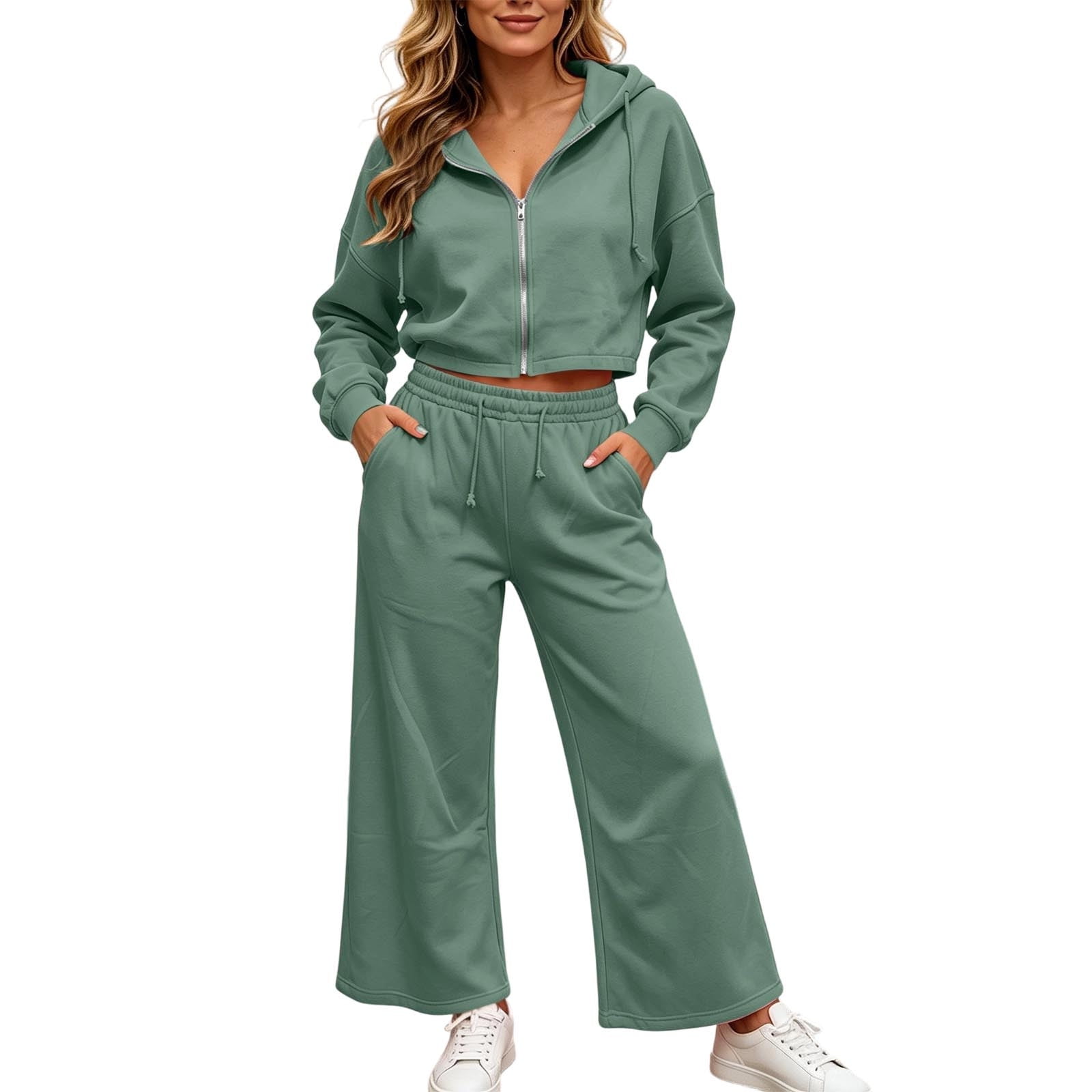 Women s 2‑Piece Casual Co‑Ord Set Hooded Zipper Long Sleeve Cropped Top and Elastic Waist Straight Leg Pants with Pockets Solid Fashion Outfit for Daily Dating Travel Casual Gathering Green L
