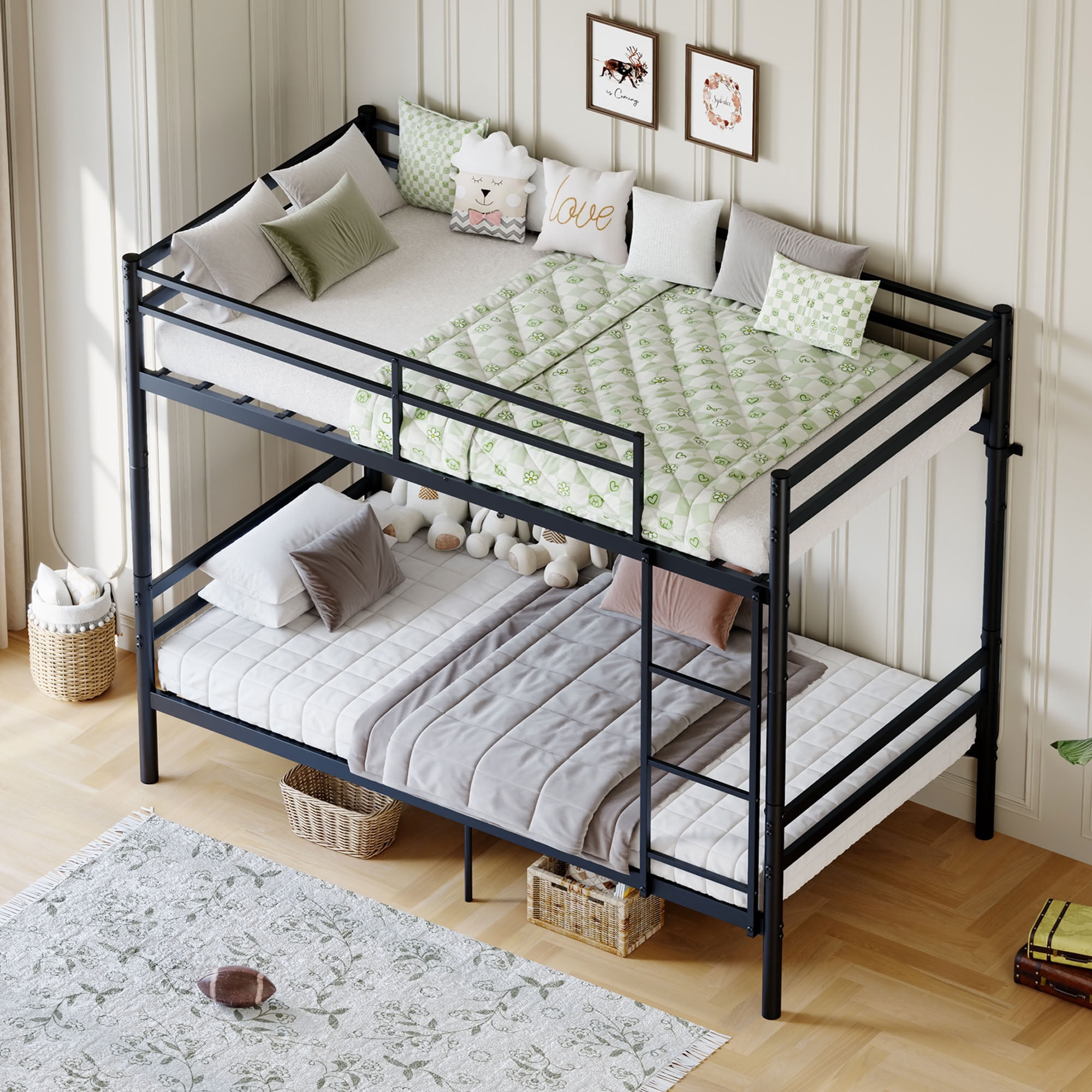 MAYEERTY Twin Over Twin Metal Bunk Bed with Ladder and High Guardrail, Supports 330 lbs, Space-Saving Storage for Kids Teens Adults, No Box Spring Needed