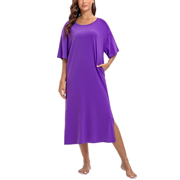 PinkBeautiM Nightgowns for Women Full Length Half Sleeve Lounge Dress Maxi Loungewear Comfy House Dress with Pockets