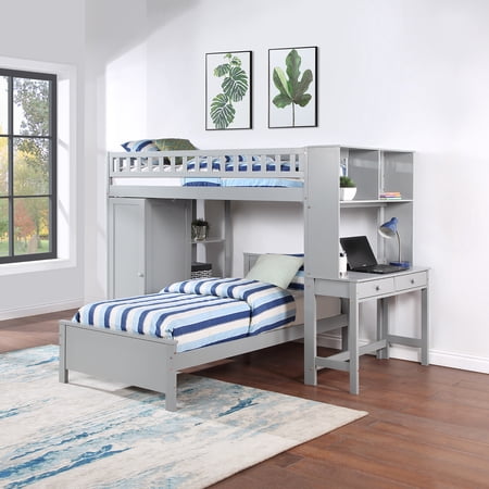 Twin Size Loft Bed with Wardrobe and Built-in Desk  Wood Bunk Bed Frame with Storage Shelves and Ladder  Modern Storage Bed Frame for Kids Teens Bedroom Dorm  Mattress not Included  Gray