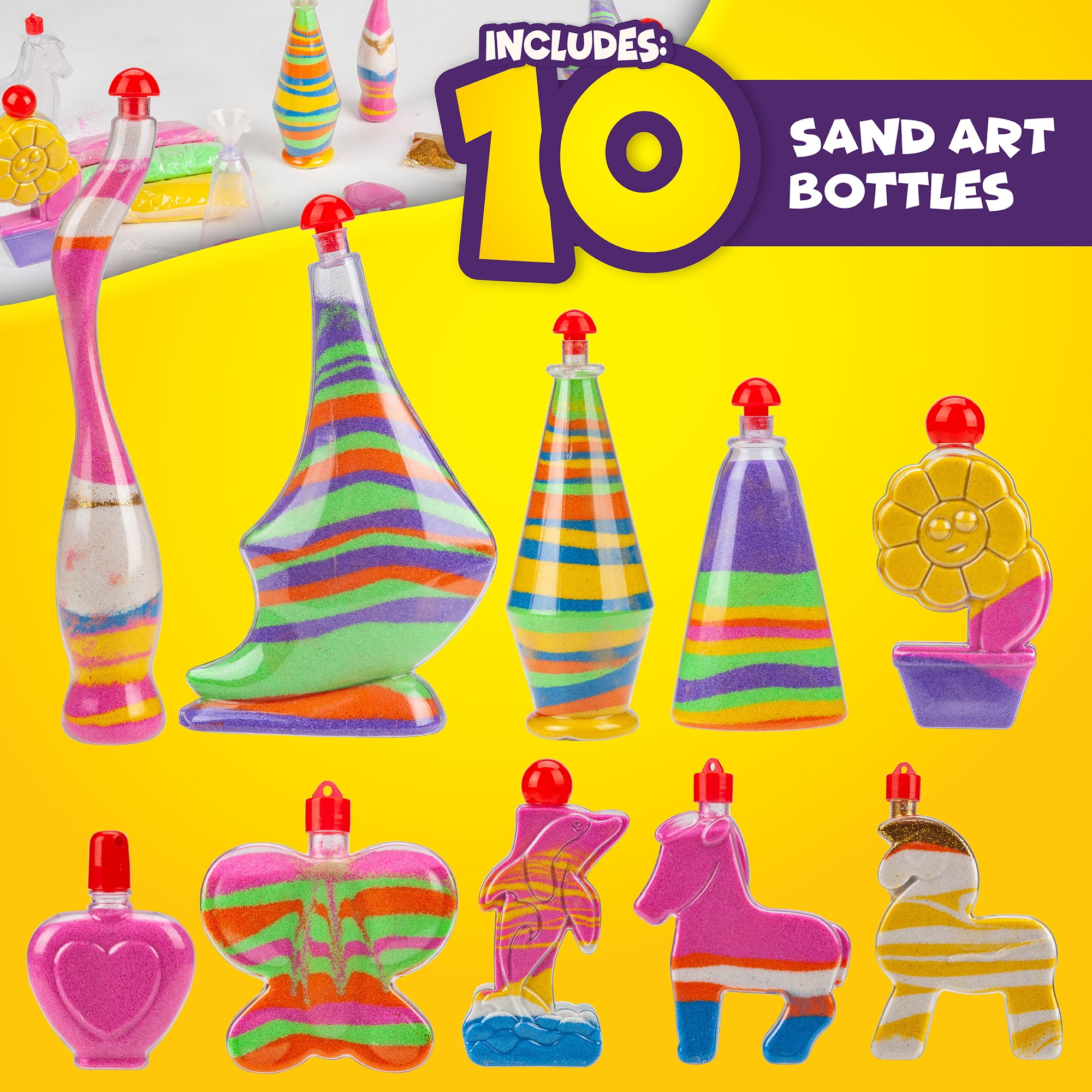 Sand Art Kit Design Tools & Stickers to Decorate w/ Instructions. Colored Play Sand Art Kits for Kids Glitter and Glow In The Dark Colored Kids Sand Creative DIY Activity with Fun Bottle Shapes 