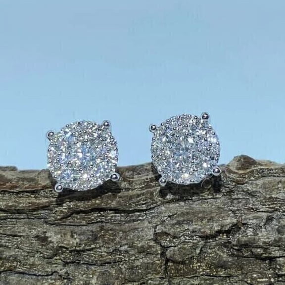 2CT Round Cut Diamond White Gold Plated Silver Women's Halo Cluster Stud Earrings