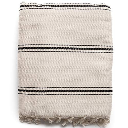 The Loomia Sophie 100 Turkish Cotton Boho Throw Blanket Full Size Off White Base With Black Stripes Other