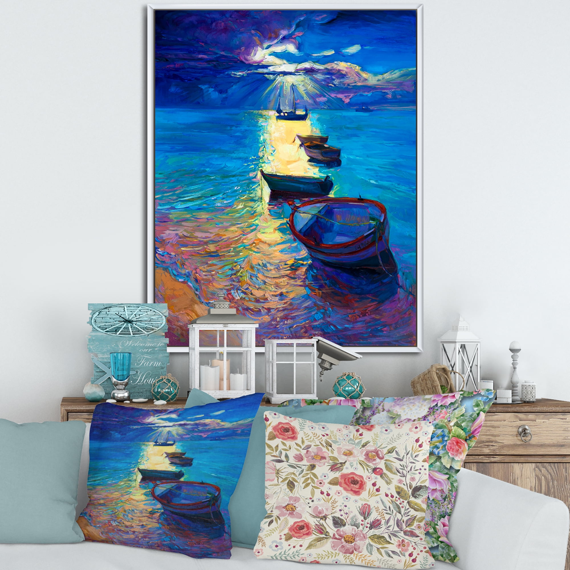Designart 'Fishing Boats On The Water With Dark Blue Sky Illustration' Lake House Framed Canvas Wall Art Print