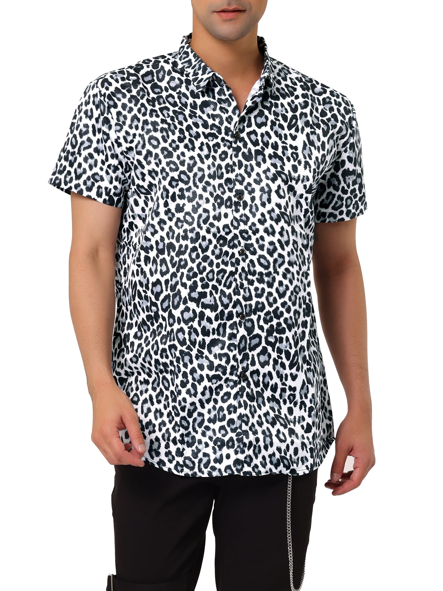 Lars Amadeus Men's Leopard Print Short Sleeve Vintage Animal Cheetah Print  Shirt 