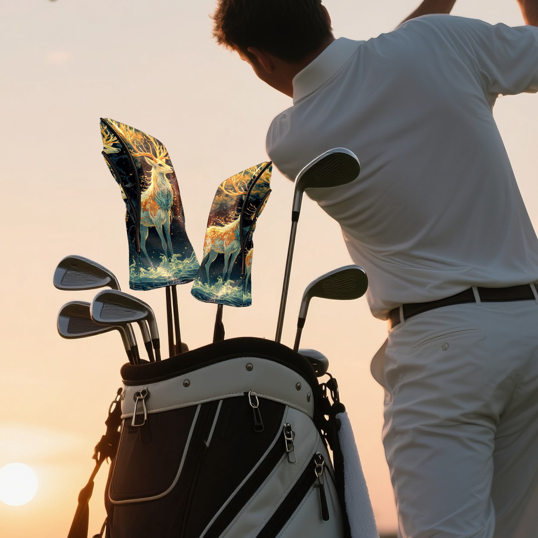 Golf Club Covers PU Leather Waterproof Head Covers for Fairway Woods Hybrids Elegant Deer