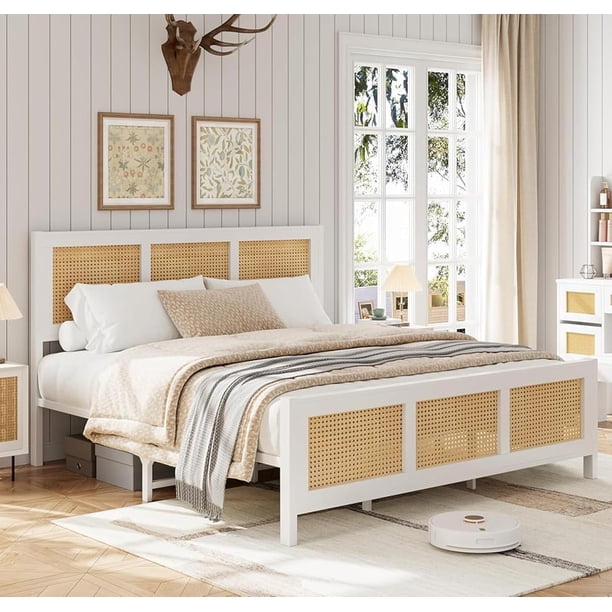 Blanca rattan marco de cama con cabecero - strong metal slats support, noise-free design, no necesita colchón base
