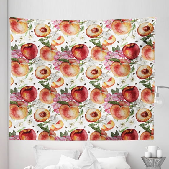 Peach Tapestry, Exotic Lively Summer Yard Theme with Ripe Juicy Fruits Flowers Botany and Gardening, Fabric Wall Hanging Decor for Bedroom Living Room Dorm, 5 Sizes, Multicolor, by Ambesonne