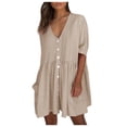 thumbnail image 2 of ZHOGXU Womens Casual Dress Short Sleeve V Neck Solid Color Buttons Fashion Comfortable Elegant Dresses With Pockets For Casual Daily Wear,Khaki,Xl, 2 of 8