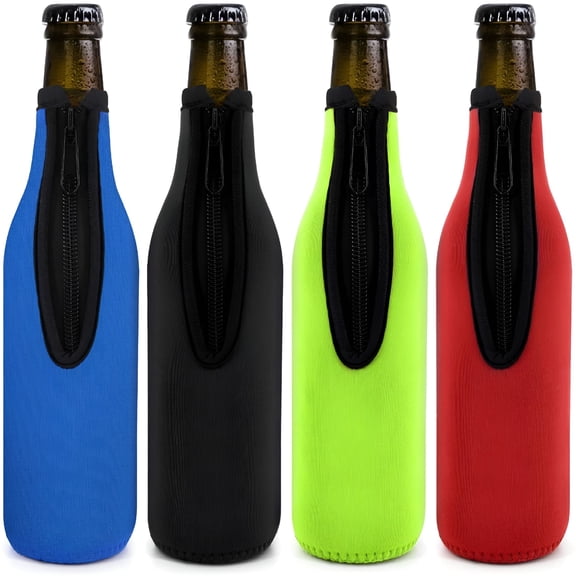 ACDANC Beer Bottle Insulator Sleeve Pack of 4,Different Color,Zip-up Bottle Jackets. Keeps Beer Cold and Hands Warm,Classic Extra Thick Neoprene with Stitched Fabric Edges,Enclosed Bottom