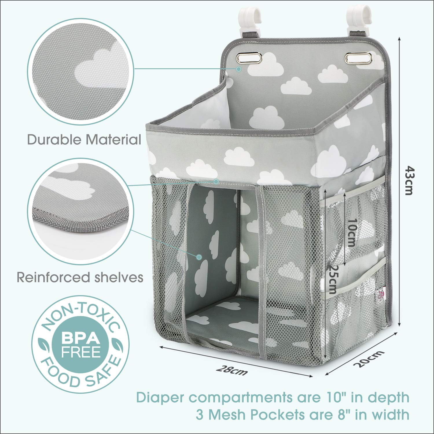 Hanging Diaper Caddy Organizer, Baby Diaper Organizer Storage Bag for Changing Table, Cot, Playard and Wall, (Gray Cloud)