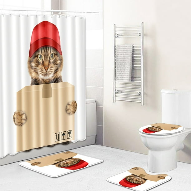 4Pcs Courier Cat With Carton Shower Curtain Set with Non-Slip Rugs, Toilet  Lid Cover Bath Mat Bath Decor Shower Curtains with 12 Hooks, Durable  Waterproof for Bathroom 