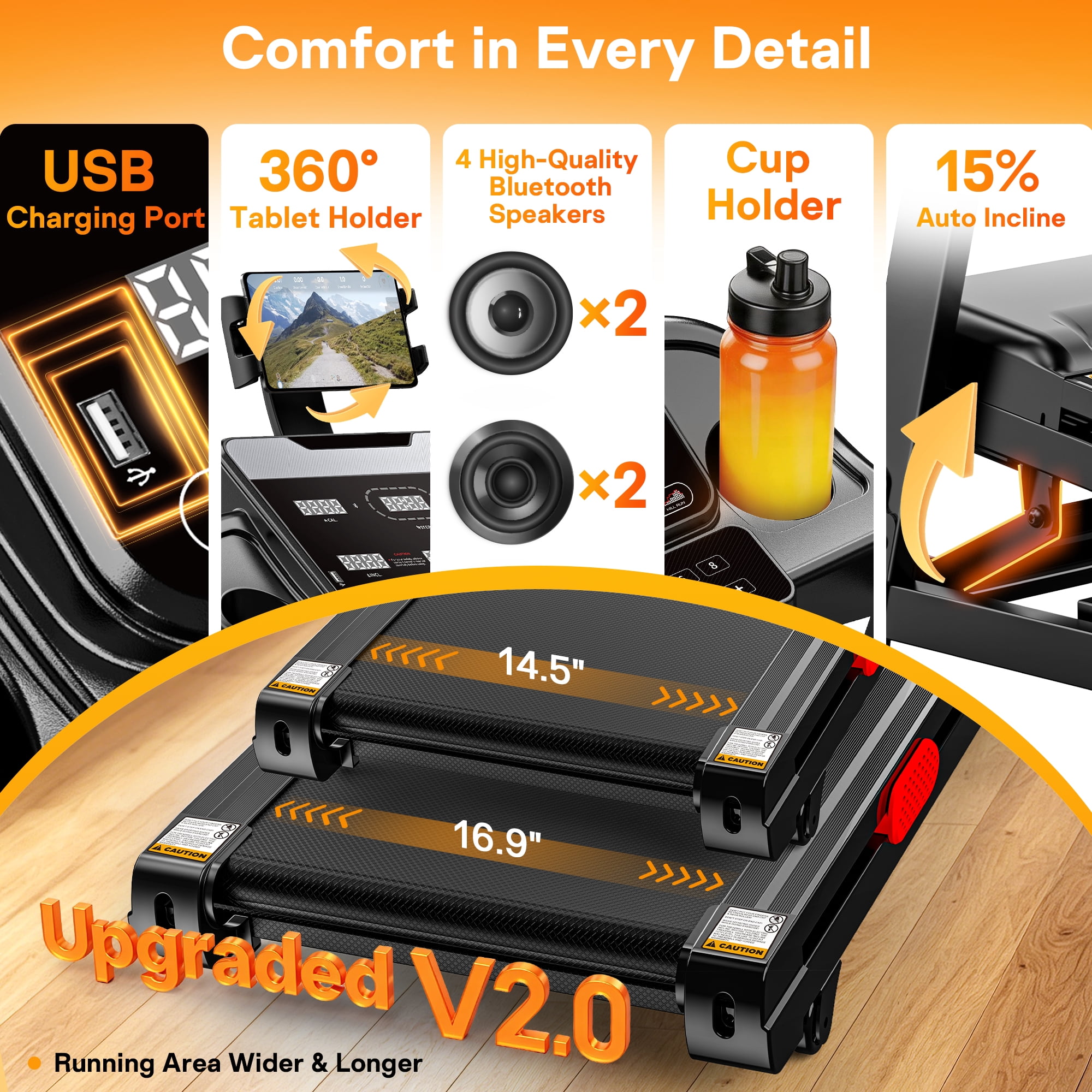 3.8HP Treadmill for Home, Foldable Treadmill with 0-15% Auto Incline, Portable Treadmill Compact Foldable Walking Pad Treadmills with 7.5 MPH Speed, 300-330lbs Capacity