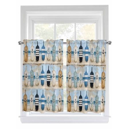 Blue Coastal Kitchen Curtains 45 Inch Length Ocean Nautical Anchor Wood Barn Beach Rod Pocket Light Filtering Window Curtains Living Room Bedroom Curtain Drapes Cafe Curtain 52 x45 x2