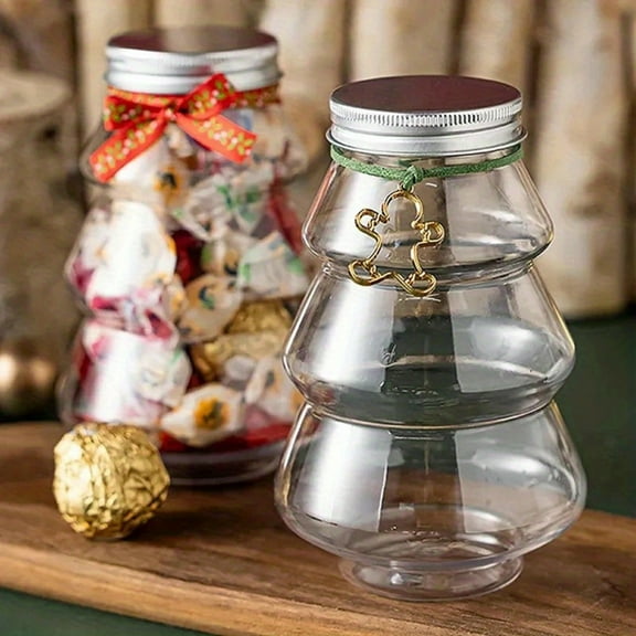 500ml Clear Plastic Christmas Tree Candy Jars with Lids,Small Pumpkin Cookie Jars for Xmas Biscuits, Holiday Beverage Bottles, Party Favors, and Candy Buffet 4pc