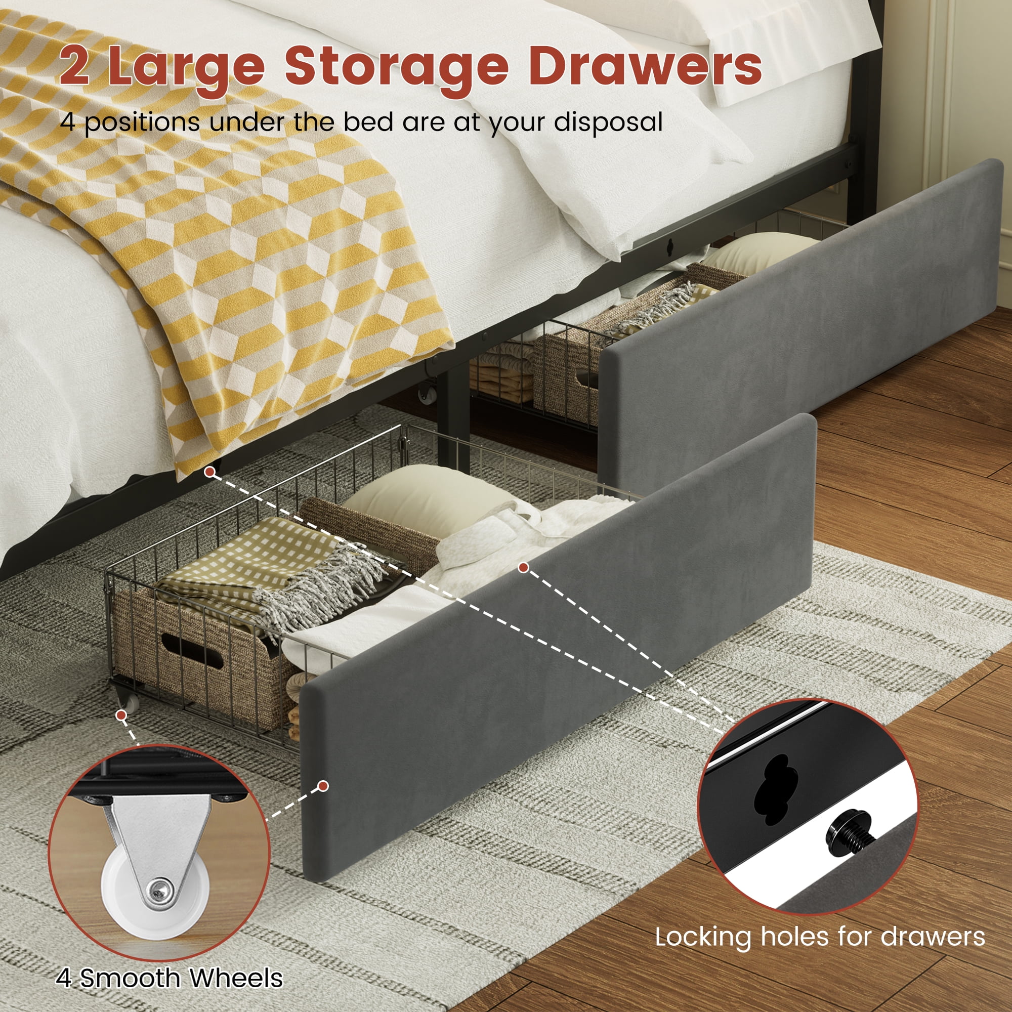 GUNAITO King Bed Frame with Headboard, Platform Bed with 2 Drawers, Velvet Upholstered Bed Frame with LED Lights & Charging station，Dark Grey