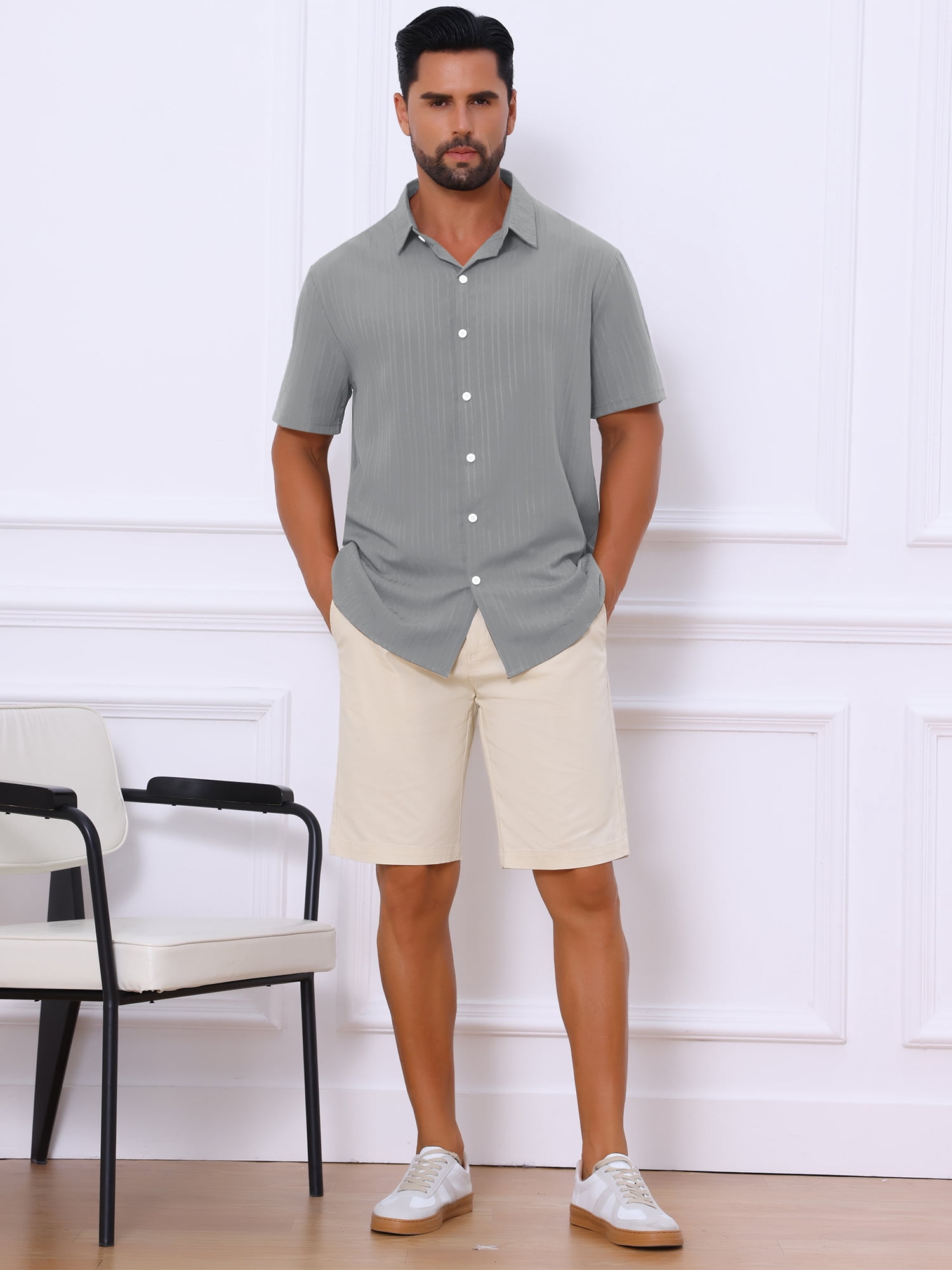 DARING DIVA Men's Short Sleeve Button Down Beach Summer Casual Shirt for Men M Gray