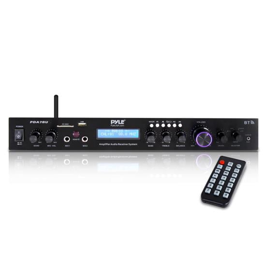 Pyle PDA7BU Bluetooth USB/AUX MP3 Player SD FM Home Theater Audio Black Amplifier Receiver, 2x 6.5” 240 Watts Max Power 2-Way HiFi Home Theater Bookshelf White Speakers, Speaker Wire, Banana Plugs