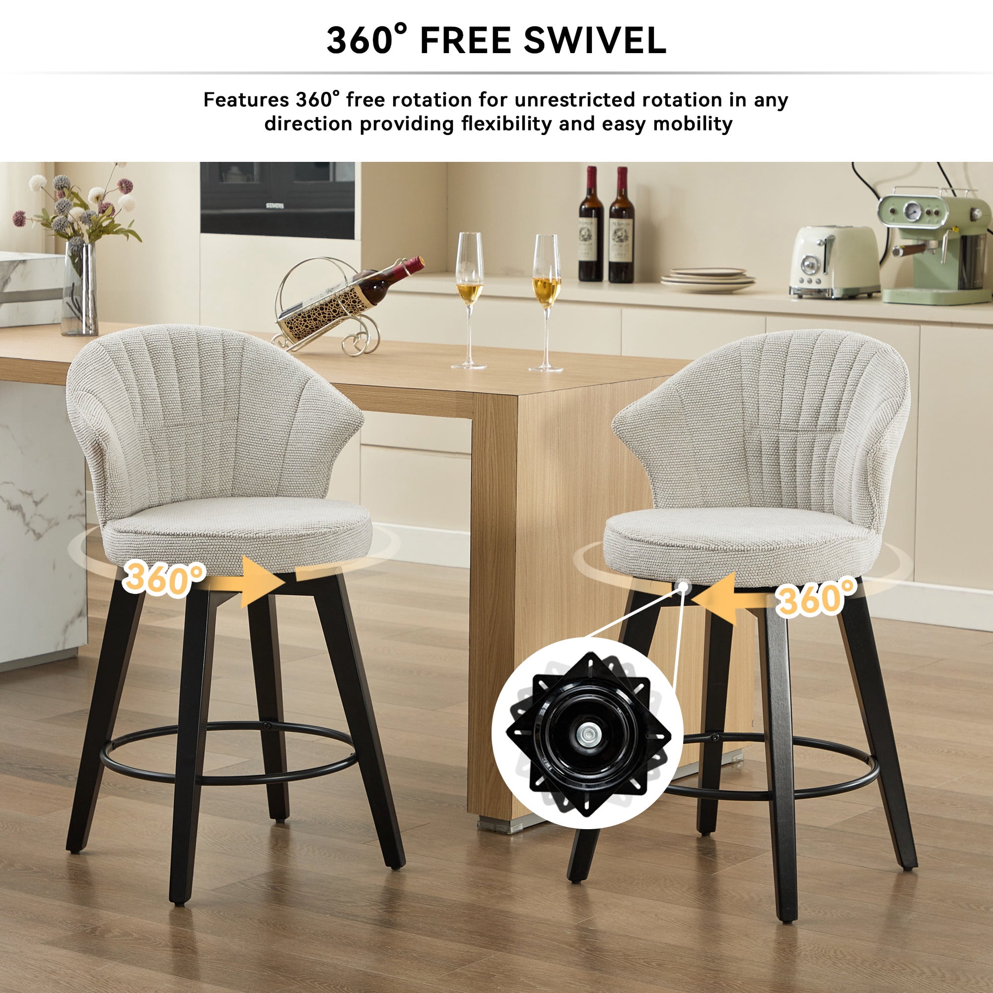 PORKISS Bar Stools Set of 2, Chenille Upholstered Swivel Counter Stools with Wide Backrest, Modern 360° Swivel Barstools for Bar, Kitchen Island, Dining Room, White