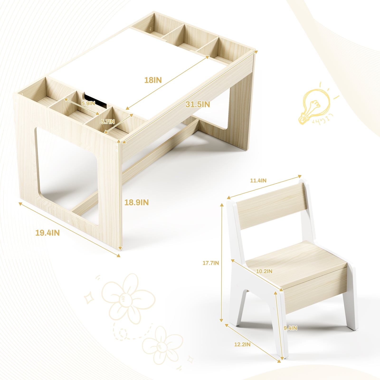 LAZY BUDDY Toddler Table and Chairs Set, Wooden Kids Activity Desk Set with Storage, 2 in 1 Whiteboard & Blackboard for Children's Drawing, Playing, Arts & Crafts