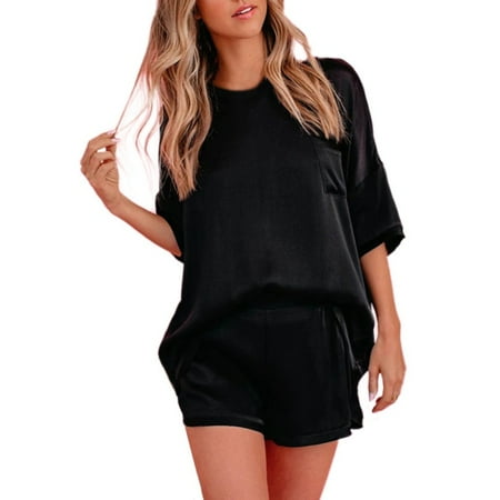 

Clearance! Solid Color Short-sleeved Straight Shorts Homewear Set for Women Casual Loose Female Pajamas Black XL