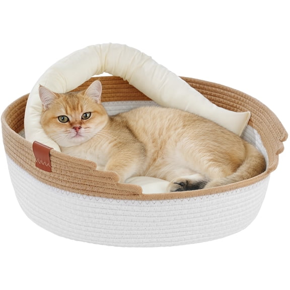 Large Woven Cat Bed with Removable Cushion, 19.7 in Cotton Rope Cat Basket for Cats Up to 33 lbs, Breathable All Season Universal Round Pet Bed for Kitten