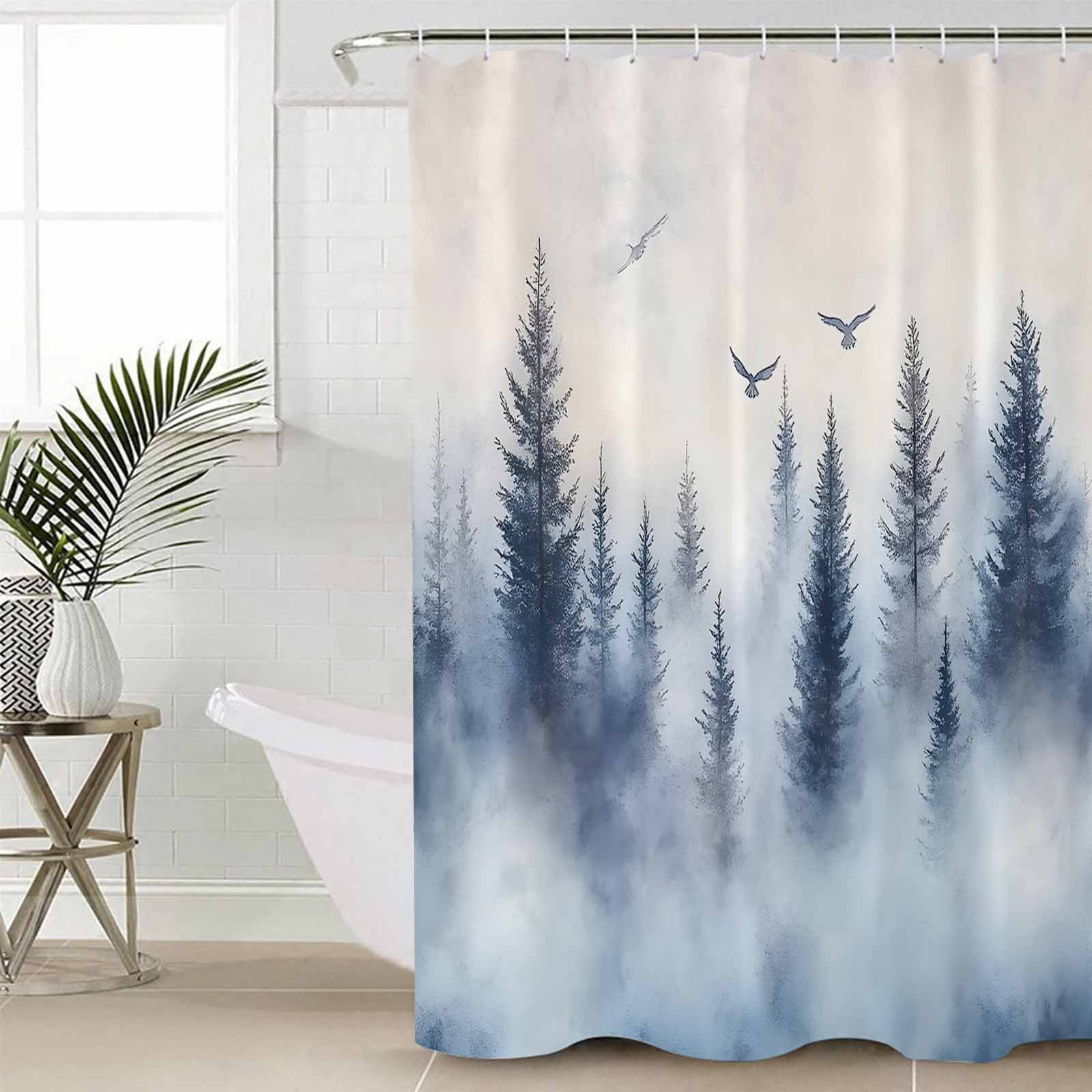 Extra Long Shower Curtain 72x84 Inch, Mountain Peak Shower Curtain Waterproof Bathroom Decor Forest Tree Scene Watercolor Style Fabric Bath Curtain Set Accessories with Hooks
