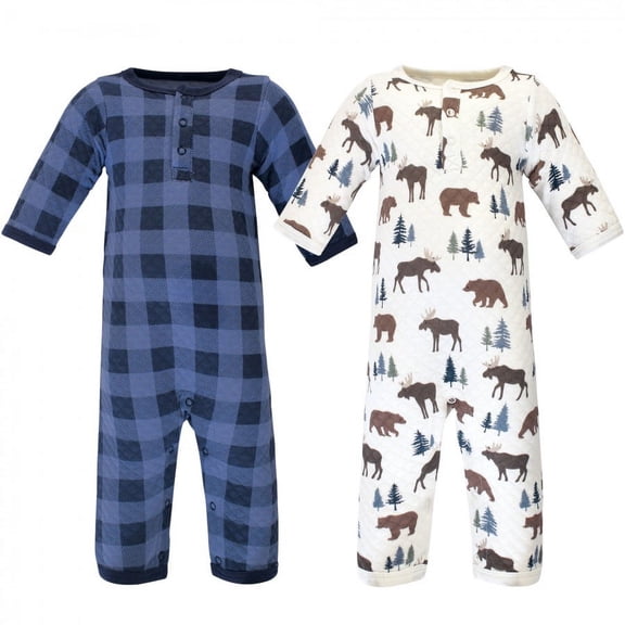 Hudson Baby Infant Boy Premium Quilted Coveralls 2pk, Moose Bear, 0-3 Months