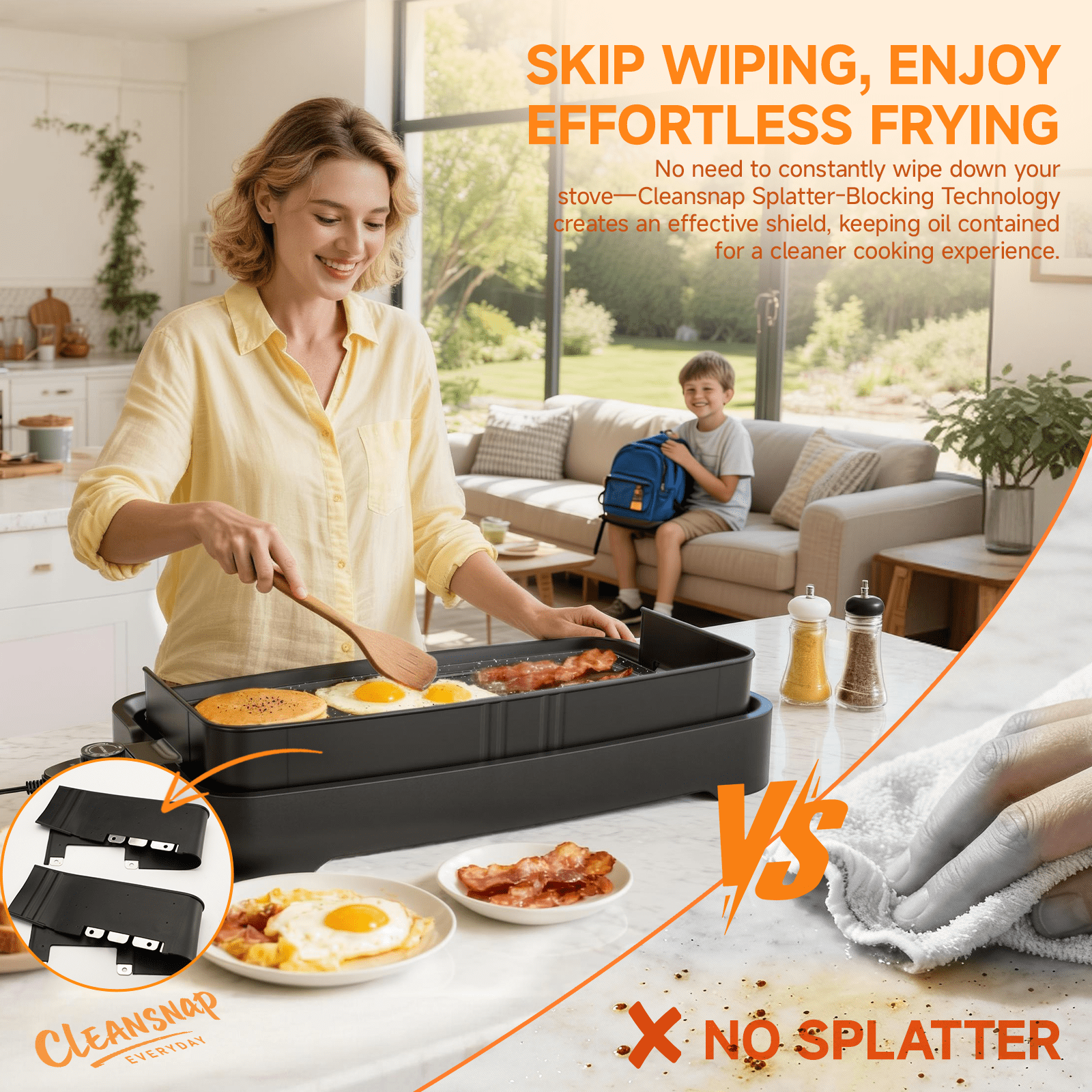 SENSCHEF Cleansnap 20 inch Electric Griddle, Foldable Anti-Mess Shield, 1700W Rapid Heating, ILAG Nonstick, Dishwasher Safe, Great Gift, Midnight Black