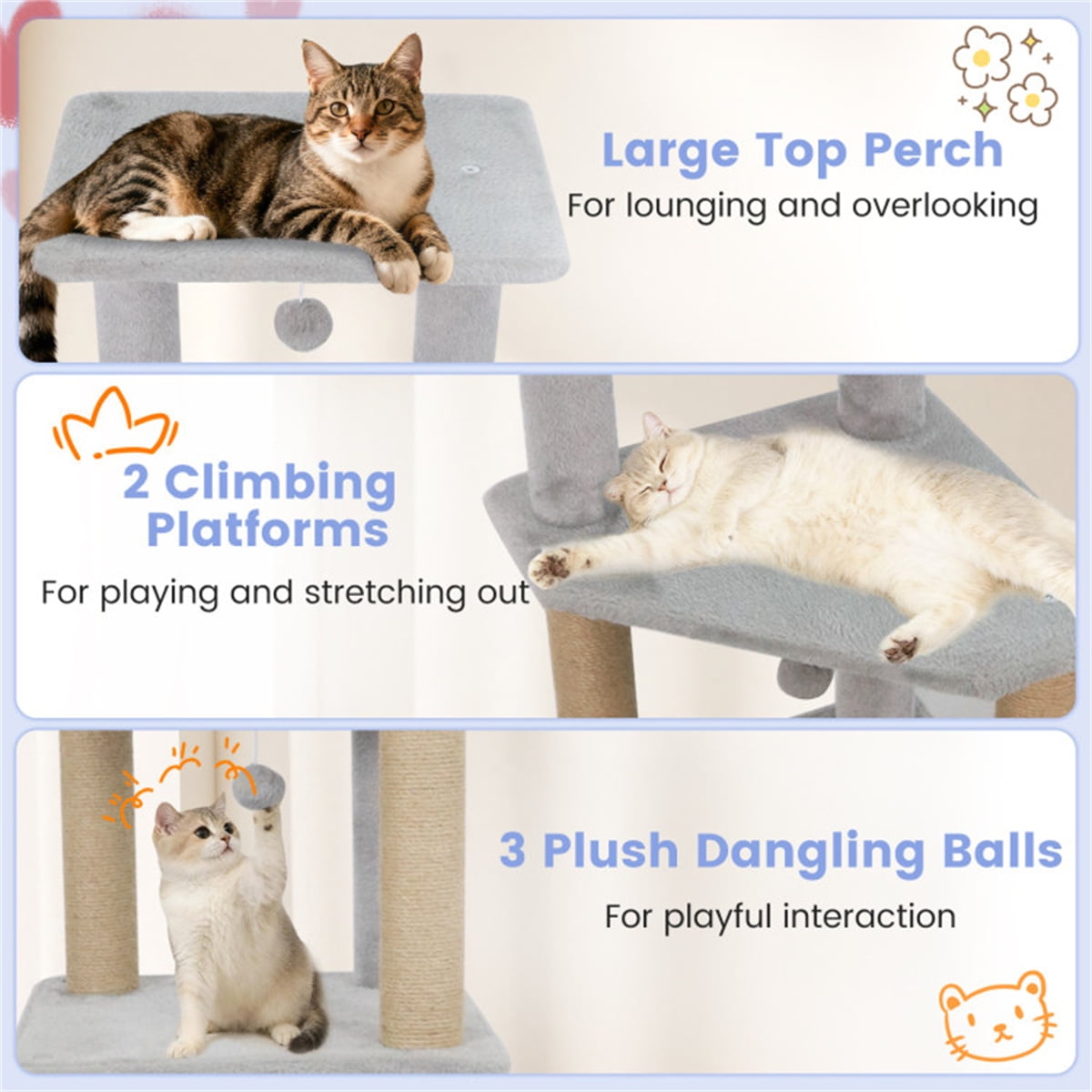 Light Gray 64 Inch Cat Tower with Plush Perches 3 Dangling Balls Jute Scratching Posts and Anti Tipping Device for Multi Cat Households