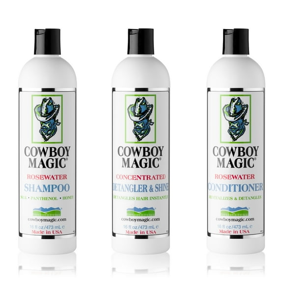Cowboy Magic Shampoo & Conditioner (16 oz Each)   Detangler & Shine (16 oz) – Infused with Silk Panthenol & Honey for Silky, Manageable Hair