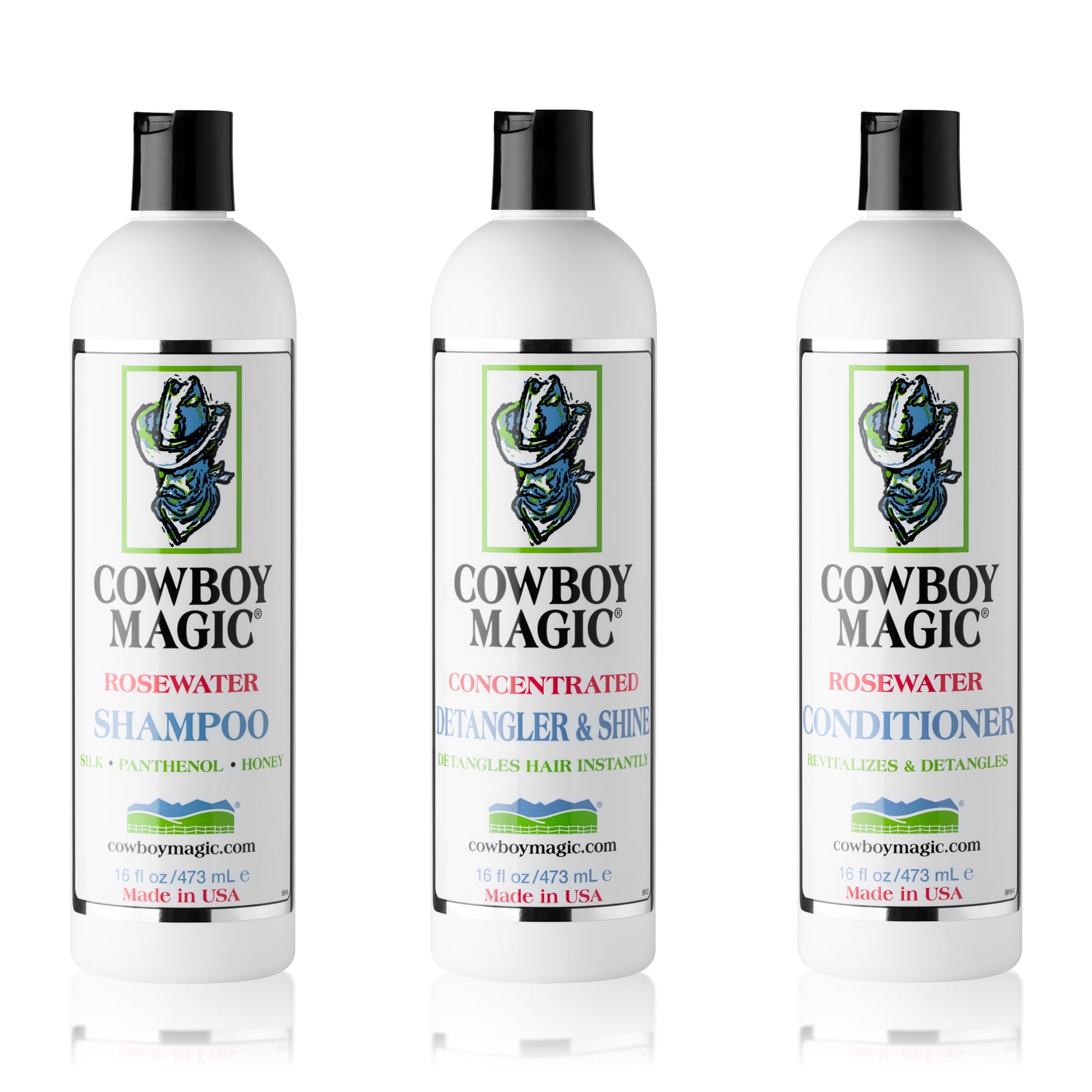 Cowboy Magic Shampoo & Conditioner (16 oz Each) + Detangler & Shine (16 oz) – Infused with Silk Panthenol & Honey for Silky, Manageable Hair