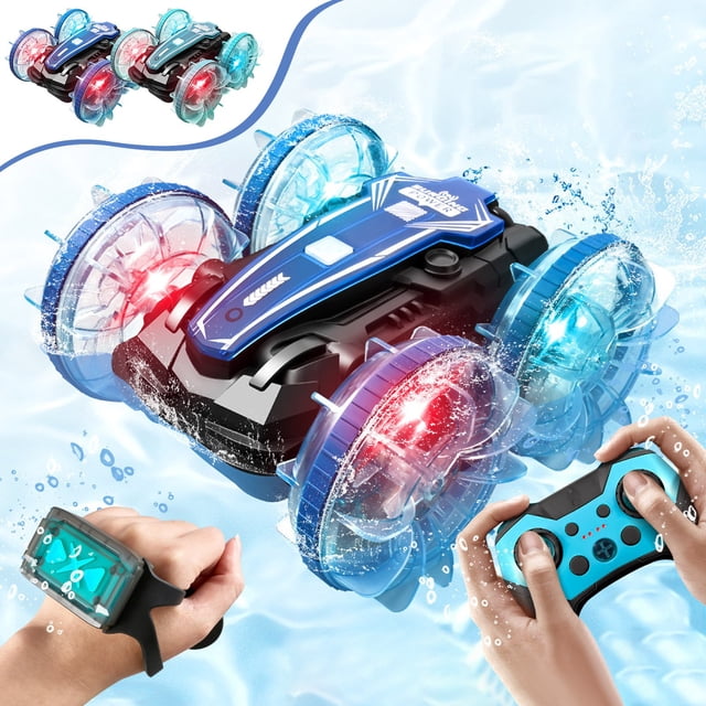 Coche de control remoto anfibio Vehículo de acrobacias giratorio de 360° de doble cara 4WD | Todoterreno Agua Tierra Terreno de Playa | Camión RC recargable a prueba de golpes de 6.1" | Control de