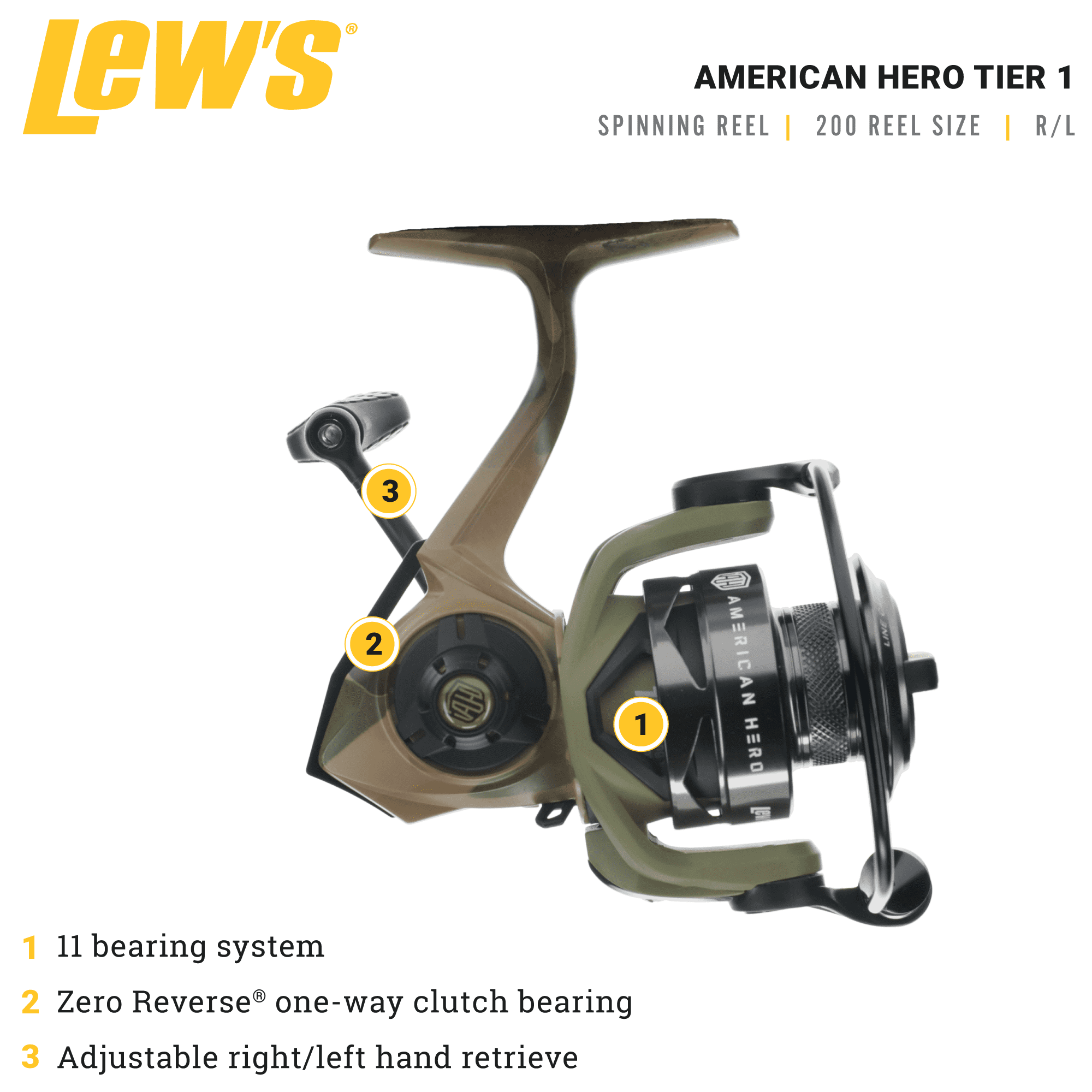 Lew's American Hero Tier 1 Spinning Reel, 10+1 Stainless Steel Ball  Bearings, Size 200, 6.2:1 Gear Ratio, Right or Left-Hand Retrieve, Multicam  