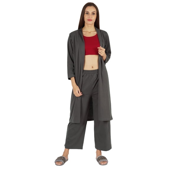 Inkmeso Womens 3 Pcs Nightwear Set Crop Tank Top Loose Pants & Front Open Shrug Sleepwear