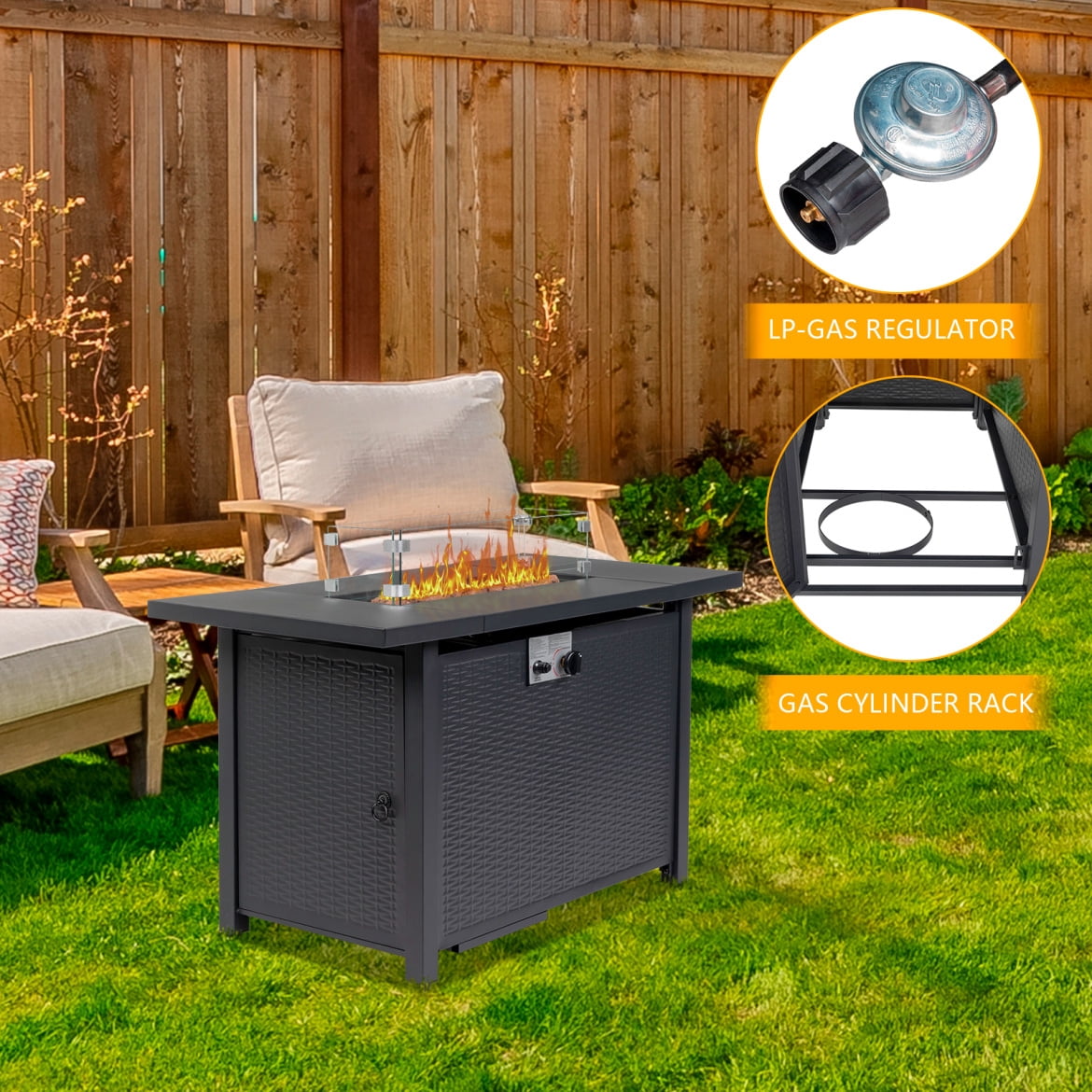 43 Inch Propane Fire Pit Table, 50,000 BTU Steel Propane Firepit with Lid & Pulse Ignition System, Outdoor Gas Fire Pit Table with Lava Rock & Imitation Rattan Weave Texture for Backyard Patio Garden