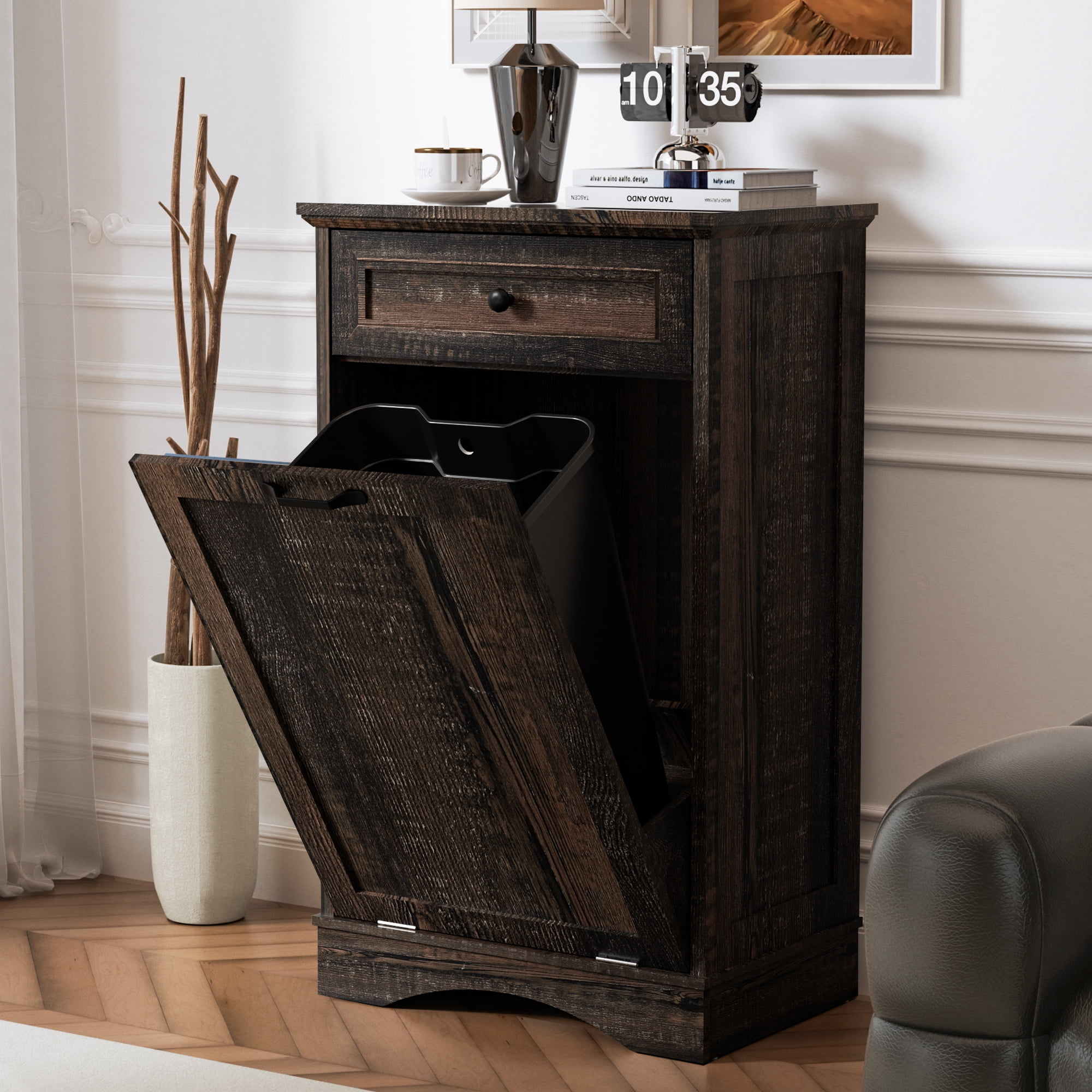 AHB 13 Gallon Tilt Out Kitchen Trash Cabinet with Drawer, Single Trash Can Storage Organizer, 20.9"L x 13.55"W x 38.5"H , Black