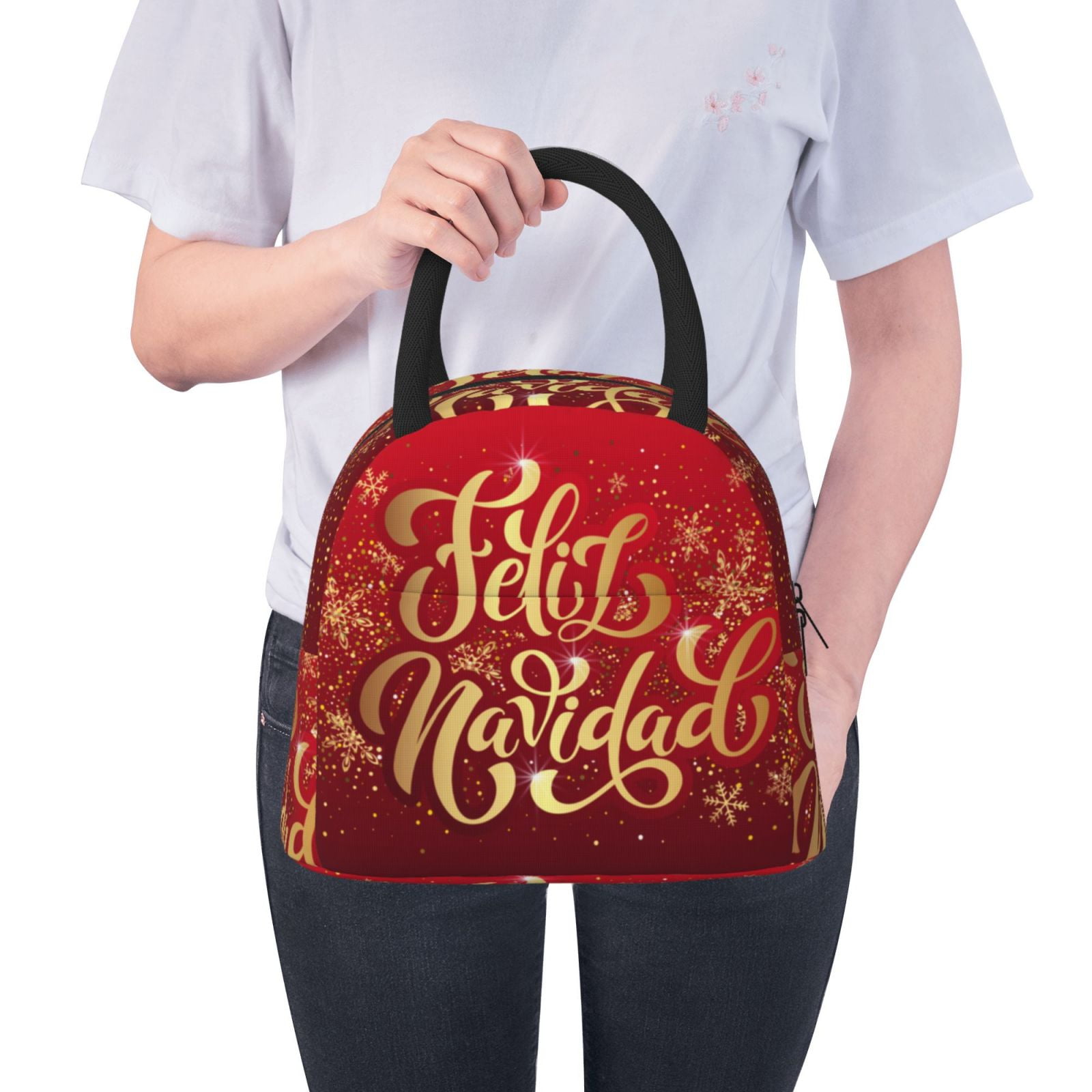 Horeoi Merry Christmas Pattern Large Insulated Lunch Bag for Work, School, Picnic - Waterproof, Durable Oxford Cloth, Comfortable Handle-Black