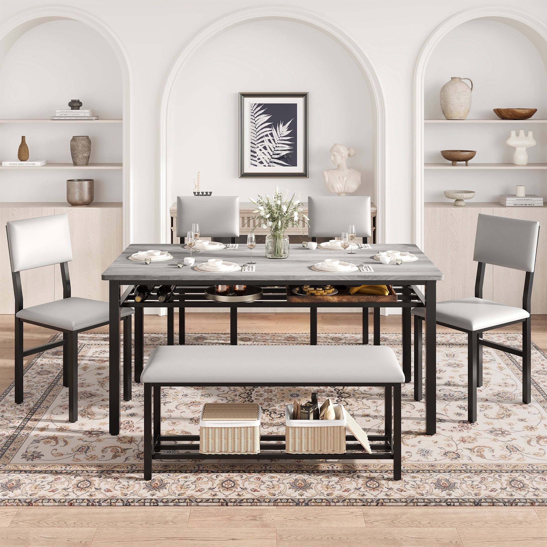 PORKISS Dining Table Set for 6, 6-Piece Dining Room Set with Wooden Table Top, PU Leather Upholstery Chairs and Bench, Kitchen Table and Chairs Set with Metal Frame Storage, Dinette Sets, Gray+Black