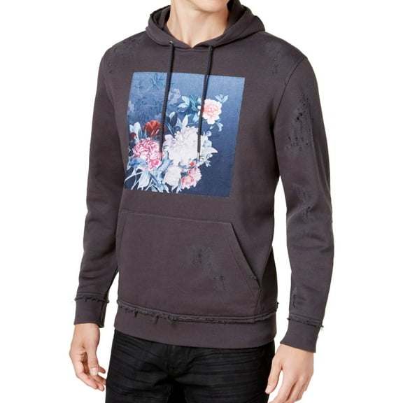 I.N.C Mens Floral Hoodie Sweatshirt, Grey, X-Small